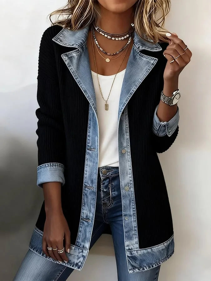 Women's Casual Autumn Retro Harajuku Fashion Elegant Slim Fit Sports Jacket Collar Long Sleeved Y2K Denim Patchwork Jacket