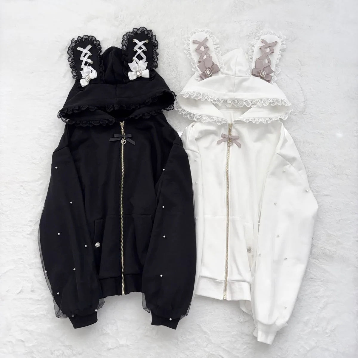Vintage Japanese Subculture Jirai Kei Jacket Women Y2K Coat Lace Rabbit Ears Hoodie Gothic Sweatshirt Harajuku Halloween Cosplay