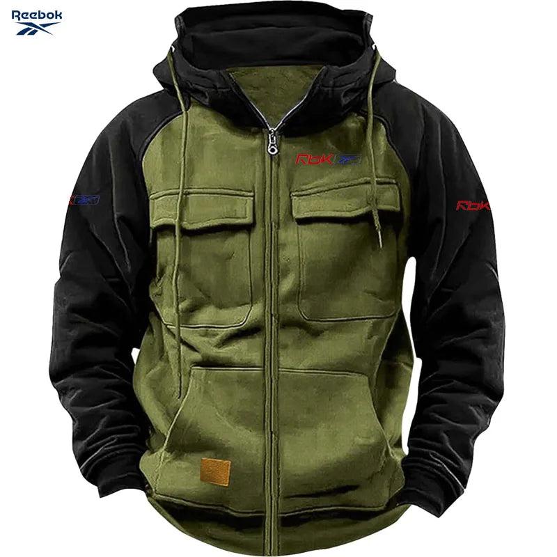 Reebok Men's Zippered Patched Warm Fleece Pullover for Autumn/Winter - Multiple Pockets - Stylish Hooded Jacket - Thick Outdoor