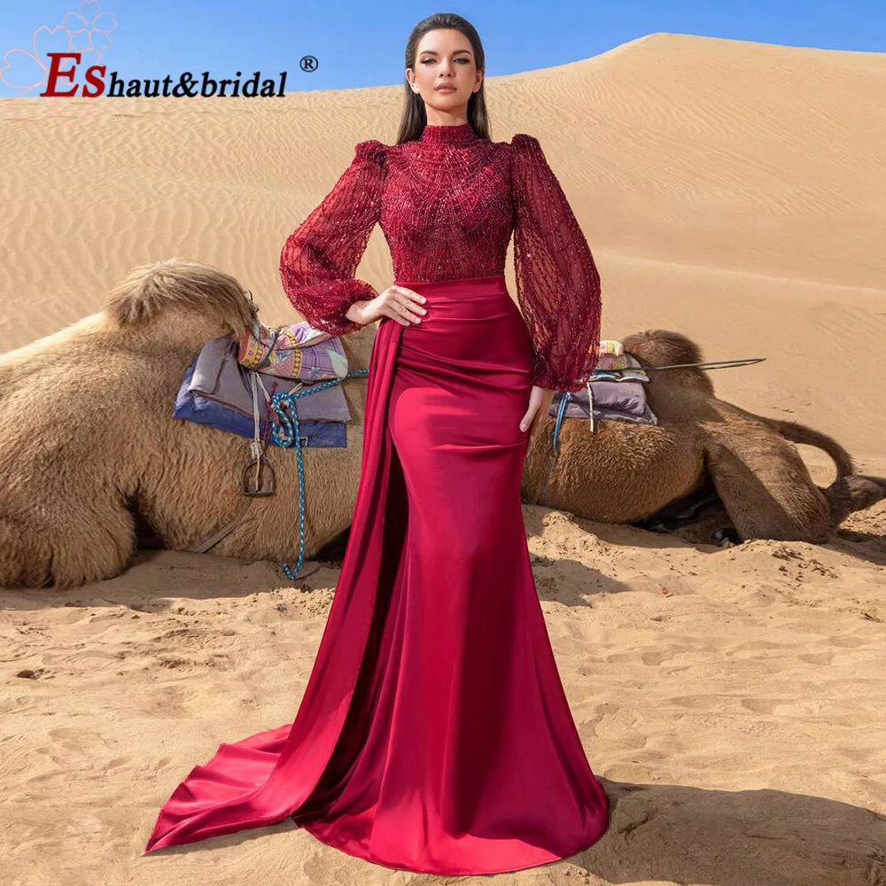 Elegant Muslim Wedding Evening Dress for Women with Detachable Skirt 2026 Pearls Mermaid Formal Prom Party Gowns Customized