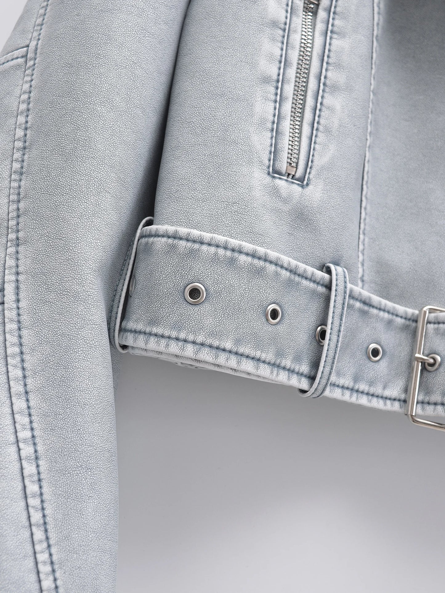 Women Autumn Winter Loose Gray PU Faux Leather Short Jackets Belt Female High Street Zipper Retro Moto Biker Coats Outwear XS-XL