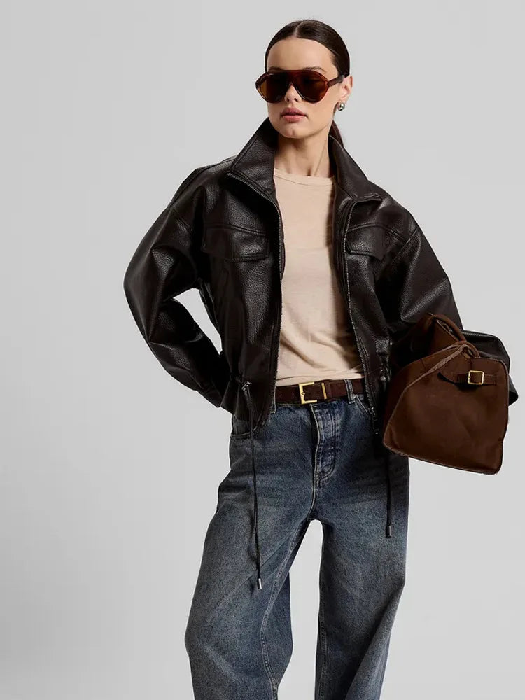 LGRQ Stand‑Collar Long Sleeve Biker Faux Leather Jacket Women Vintage Drawstring Waist Cropped Outerwear 2026 Autumn 19DB3772