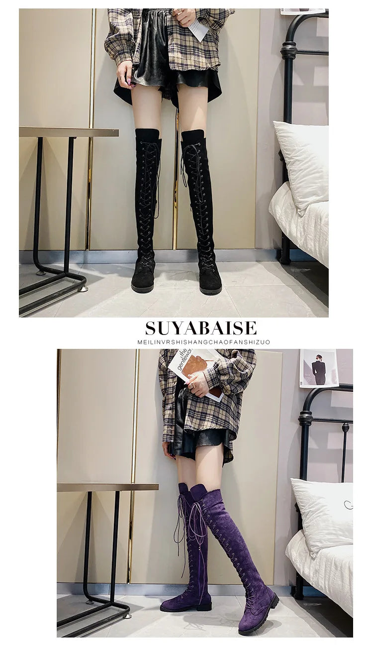 Side Zipper Lace-up Women's Long Botas Brown Black Suede Mid Heel Over-the-Knee Boots for Women Ladies Thigh High Boots Size 43