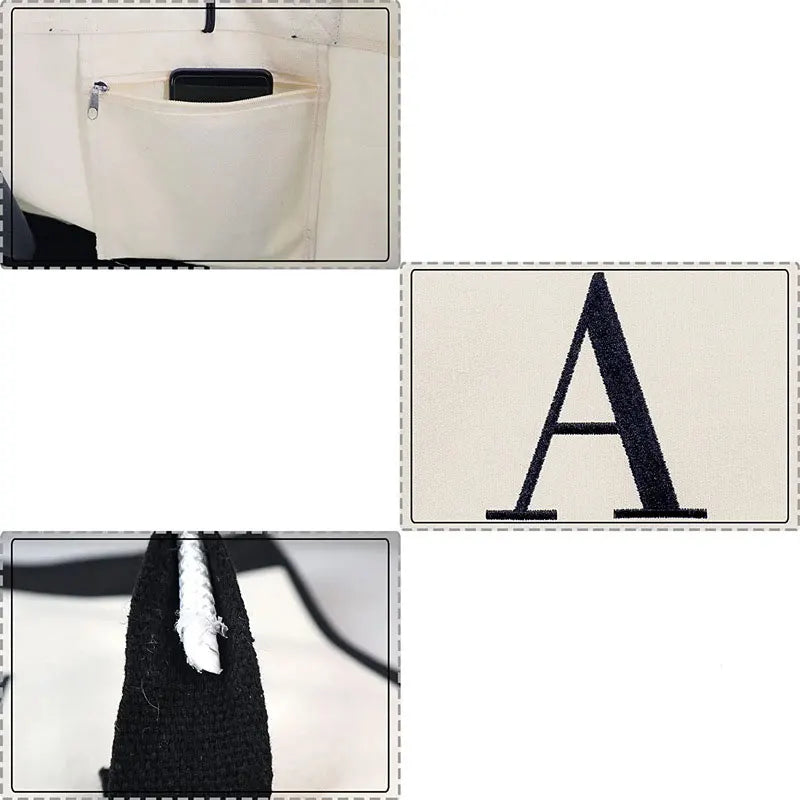 A-Z Canvas Totes bag Fashion Canvas Tote Letters Flower Portable Beach Shoulder Shopping Casual Beach Bag Large Capacity Handbag