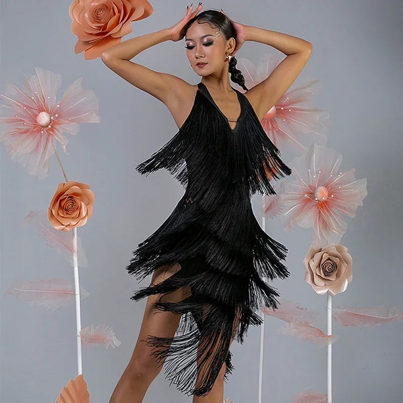 Women Backless Fringe Sexy Black Dress Cha Cha Rumba Samba Tango Dance Costume Prom Wear Latin Dance Copetition Dress