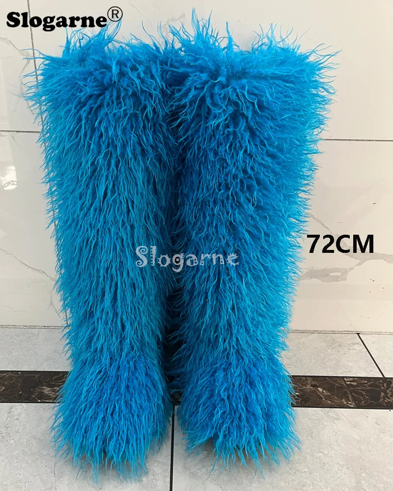 New Over The Knee Fur Boots Women Warm 72CM Long Faux Mongolian Fur Snow Boots Winter Luxury Fluffy Shoes Plush Platform Shoes