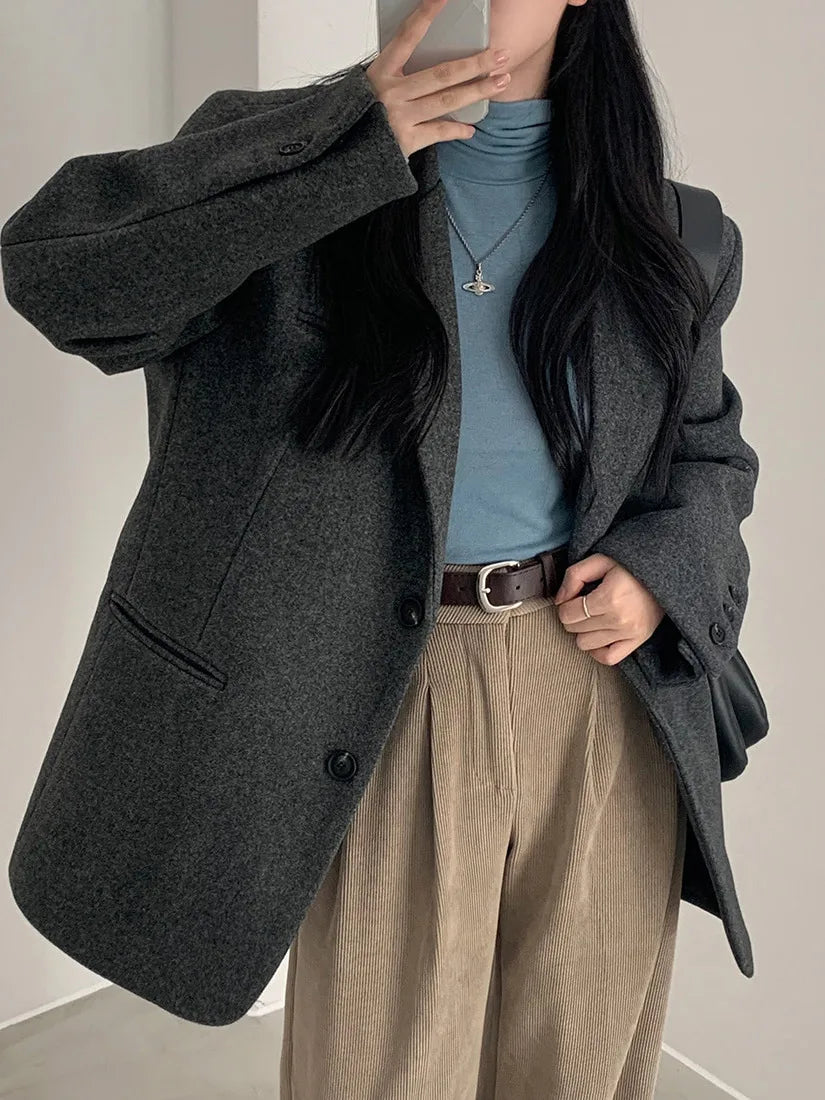 Chic Autumn Winter Thiened Long Sve Pure Color Woolen Suit Jaet Women Casual Versatile Loose Fit Commute Sle Coat