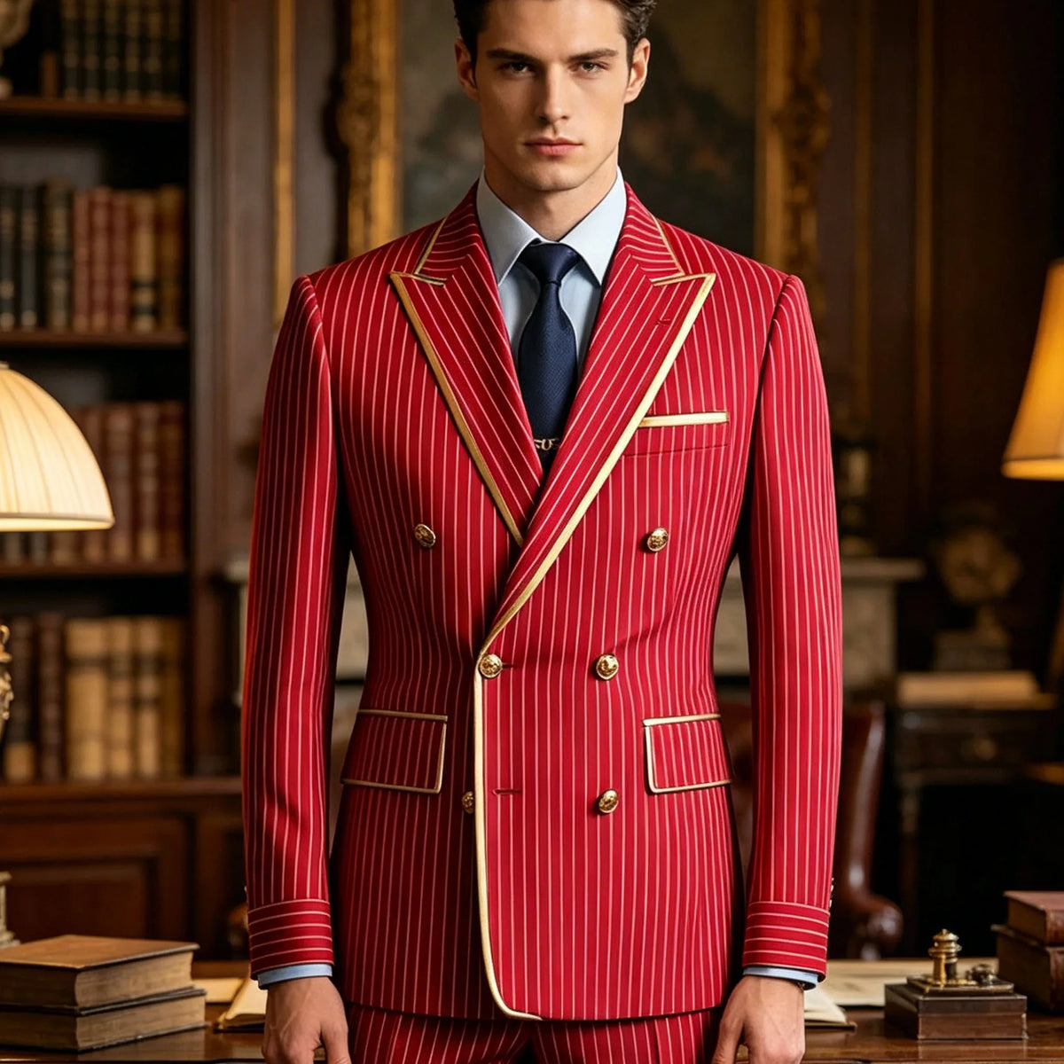Men's Pinstripe Blazer Double Breasted Slim Fit Peaked Lapel With Gold Trim Formal Suit Jacket  For Groomsman Wedding Prom Hot