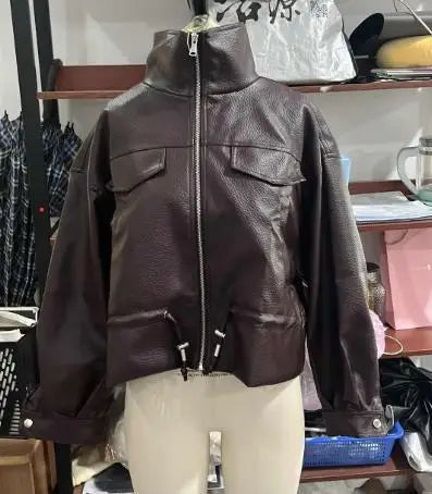 LGRQ Stand‑Collar Long Sleeve Biker Faux Leather Jacket Women Vintage Drawstring Waist Cropped Outerwear 2026 Autumn 19DB3772