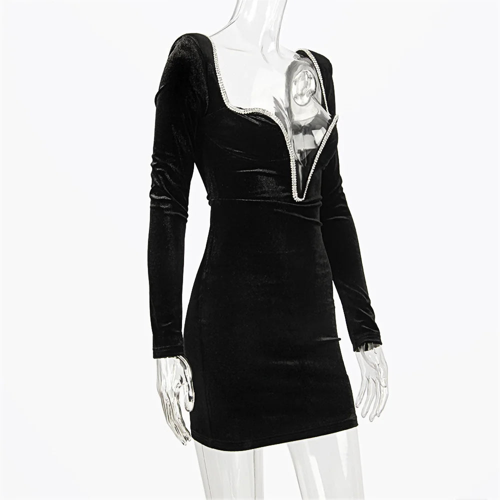 Mozision Long Sleeve Sexy Deep V Neck Wired Diamante Crystal Padded Should Bodycon Outfits Women Winter Velvet Party Dress