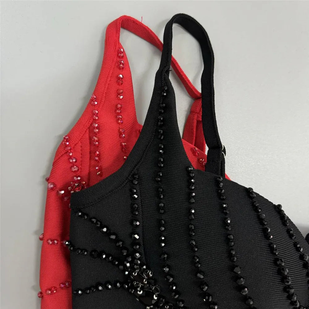 Women Sexy Beading Spaghetti Strap Bandage Dress Bodycon Clothes Club Party Celebrity Elegant Dresses