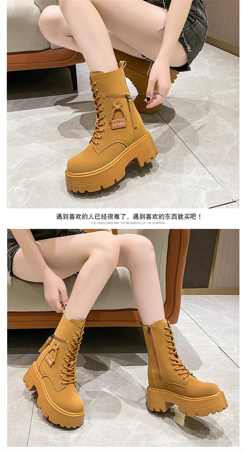 New 2023 Autumn Platform Mid-calf Boots  Women Thick Sole Winter Leather Punk Shoes Chunky Motorcycle Boots Woman