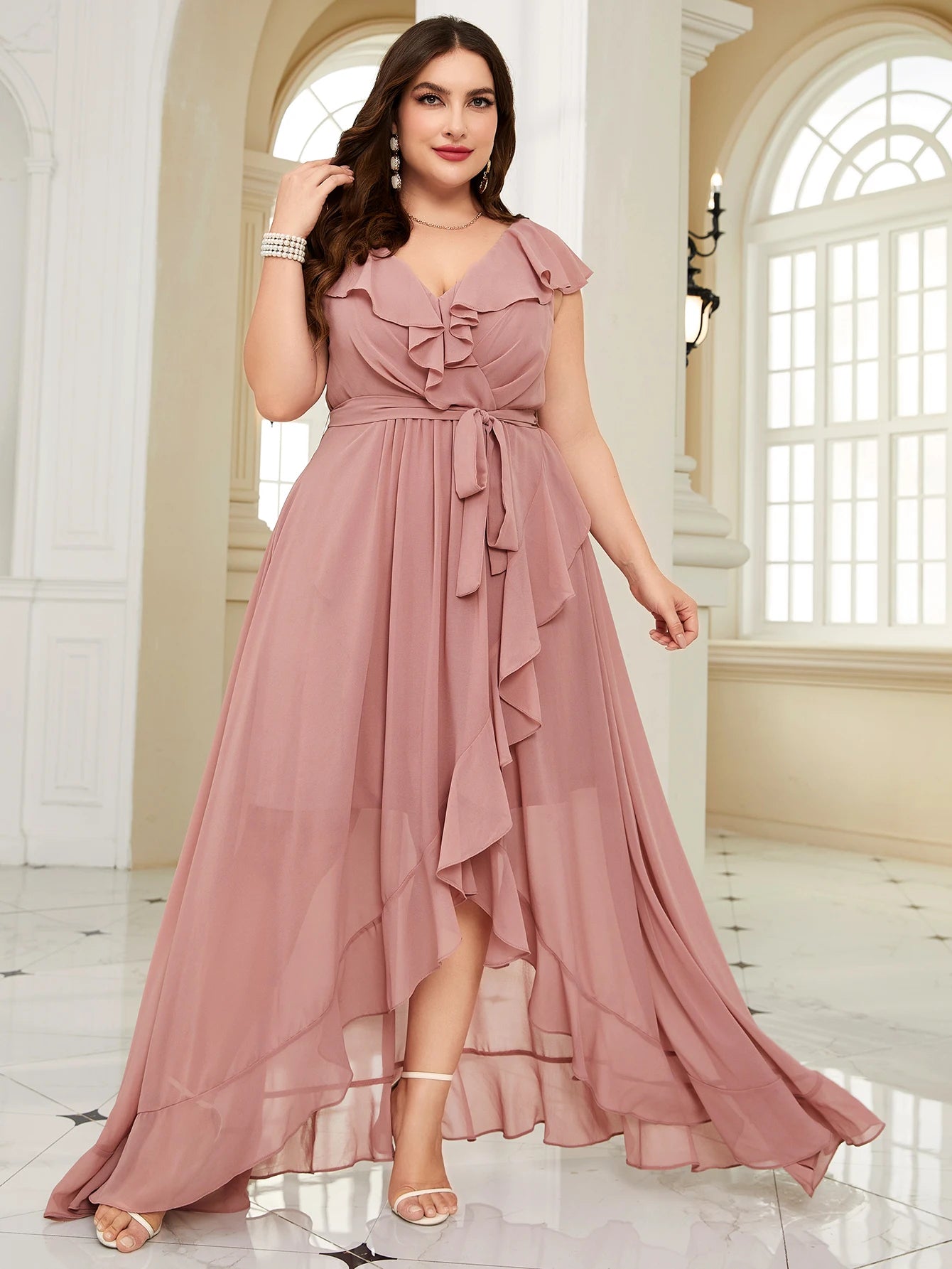 Unithorse Plus Size Women Summer Asymmetric Ruffle Lace Dress With Waist Belt Elegant Chiffon Formal Bridesmaid Dress