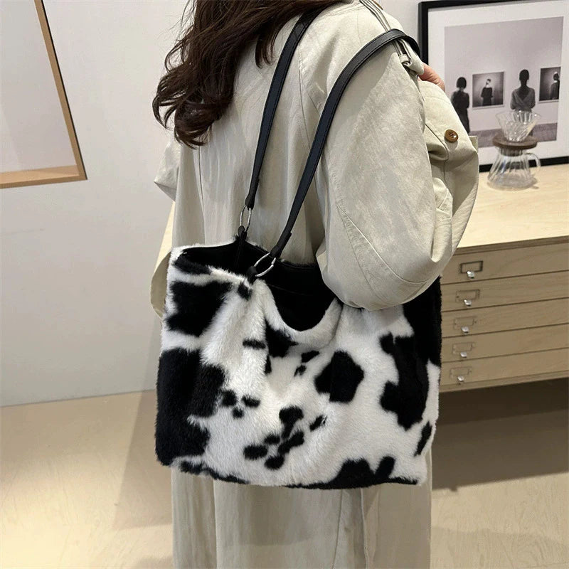 Cow Pattern Plush Shoulder Bag for Women Winter Fashion Purse Handbags Soft Warm Fur Female Casual Messenger Bags