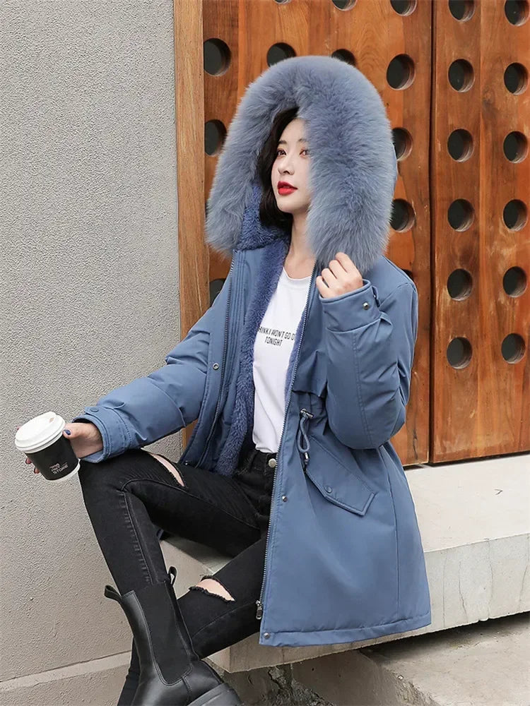 Winter Coat Low Price On Sale Women Beige Add Wool Thick Warmth Fur Hooded Parkas Jacket 2026 New Fashion Belt Slim Cotton Coat