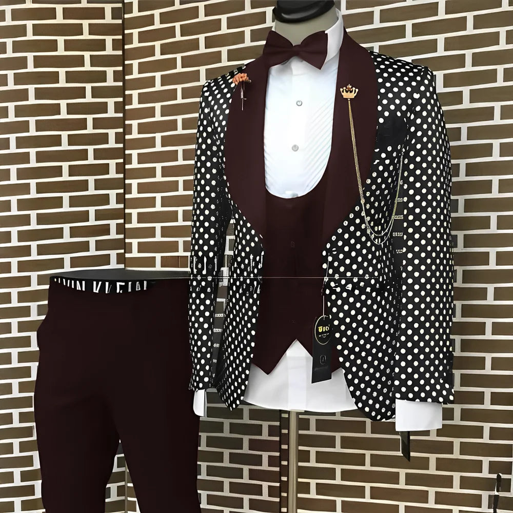 Spotted Men's Suit 3 Piece Set Wedding Groom Tuxedo Custom Slim Fit Blazer Pants Vest Men's Elegant Suit