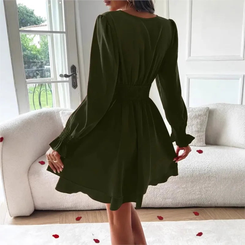 Dresses 2025 Woman Clothing V Neck Lantern Sleeve Wrap Mini Dress Ruched High Waist Elegant For Autumn Party Dress Vestidos