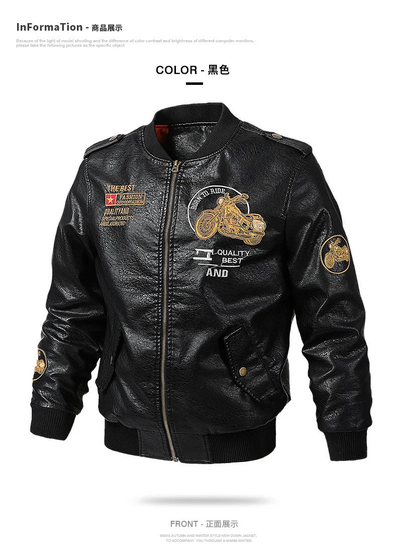 New Fashion Men Embroidered Trendy Motorcycle Leather Jackets Slim Casual PU Leather Coats High Quality Male Fit Jackets 5XL