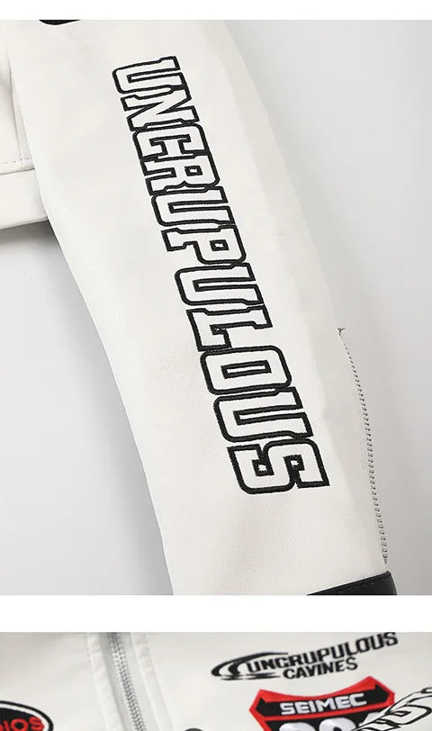 Women's Embroidered White PU Leather Jacket Motorcycle Wear Trendy Jazz Dance Autumn 2025 Collection New Arrival
