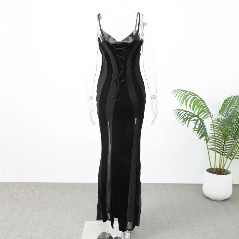 Women Black Velvet Sheer Maxi Dress Sexy Chic Mesh Patchwork Off-shoulder Waist Cinching Slim Maxi Dresses 2026 Club Party Gowns