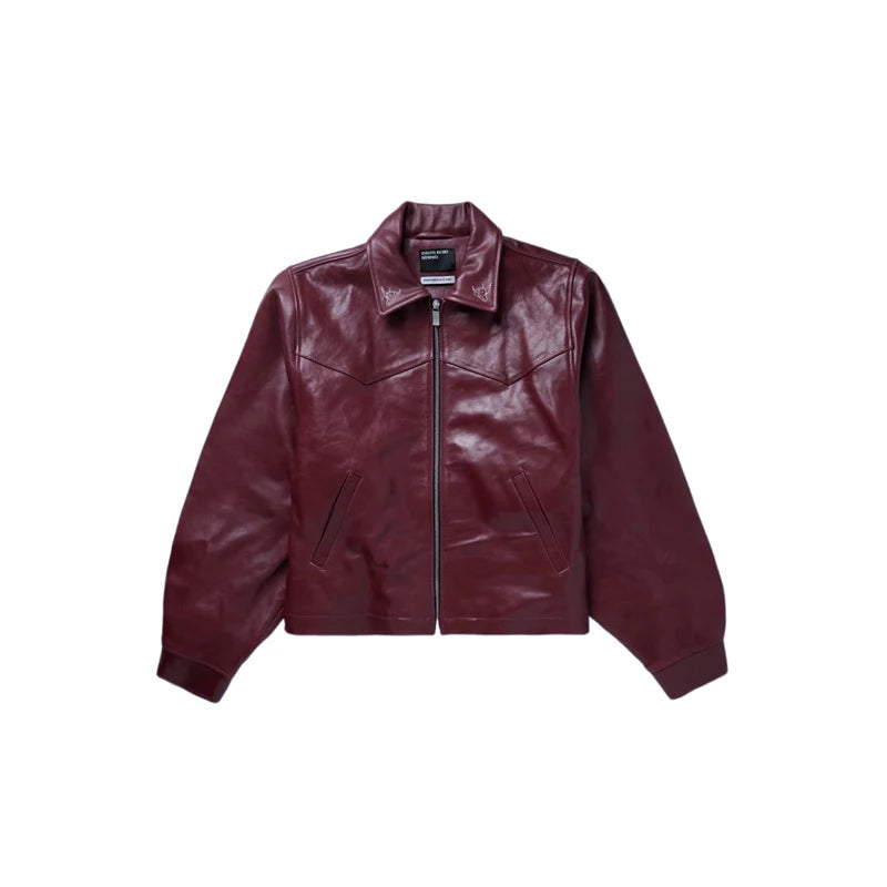 2026ss Embroidered Printed Leather Jacket High-quality Burgundy Loose Casual High Street Men's Women's Jackets