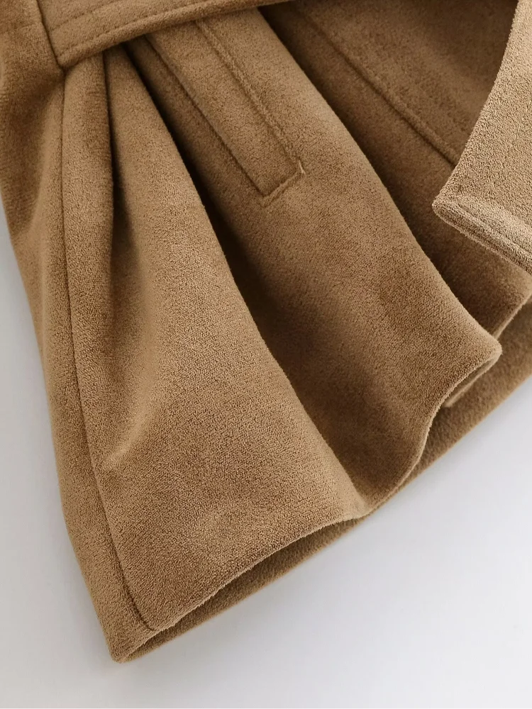 Women Brown Faux Suede Short Jacket Tie‑waist Long Sleeve Vintage Streetwear 2026 Lady New Autumn Winter Casual Outerwear Coat