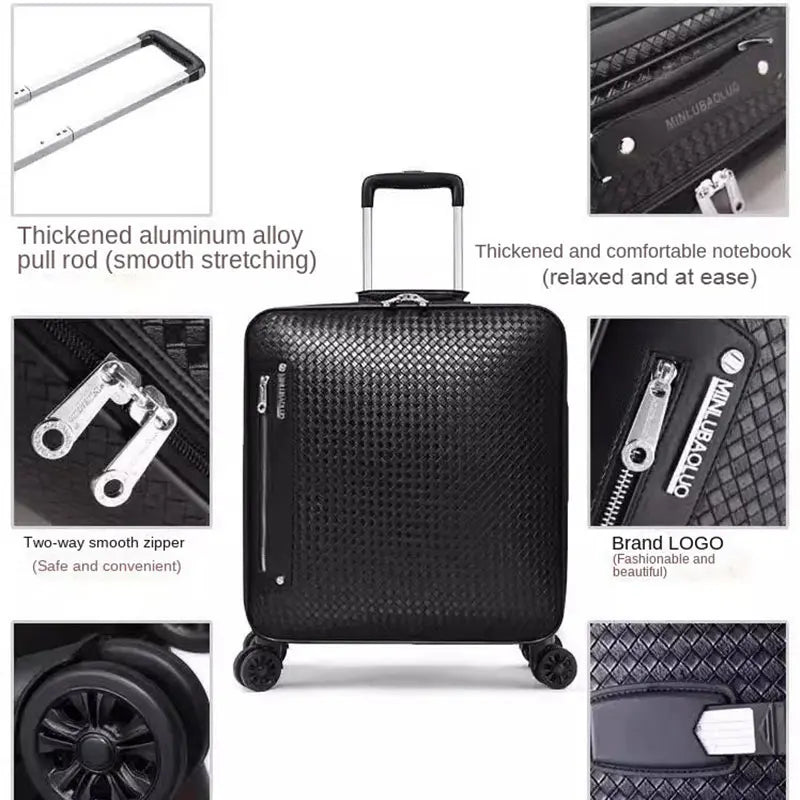 Genuine Leather Trolley Case 20 Inch Men's Business Boarding Suitcase Universal Wheel Luggage Bag 16 Inch Woven Pattern Leather