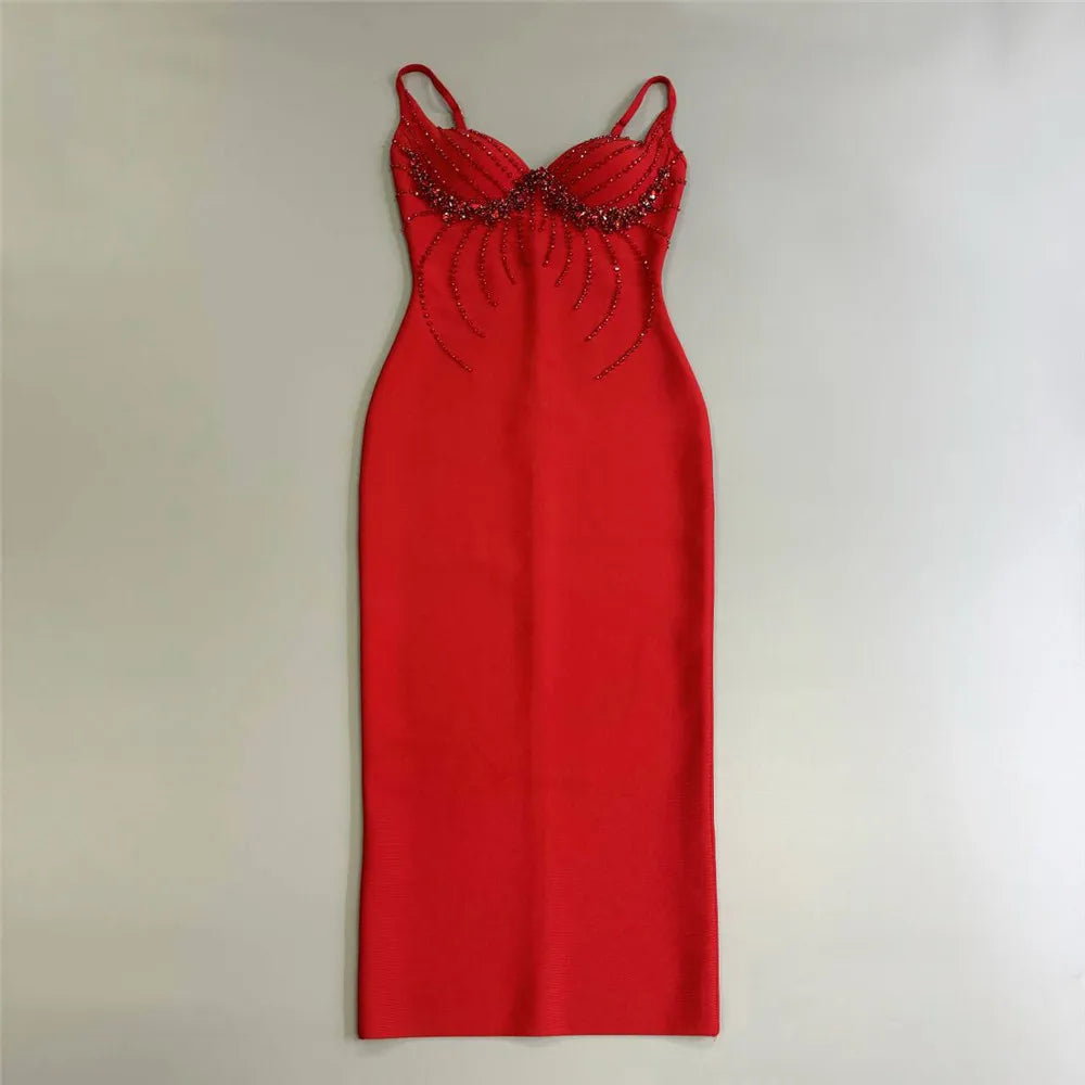 Women Sexy Beading Spaghetti Strap Bandage Dress Bodycon Clothes Club Party Celebrity Elegant Dresses
