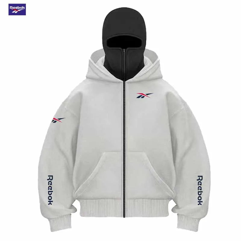 Reebok Men's New Fall/Winter Double-Pocket Hooded Sweater with Face Mask and Zipper Sports Outfit - Loose and Comfortable to Wea