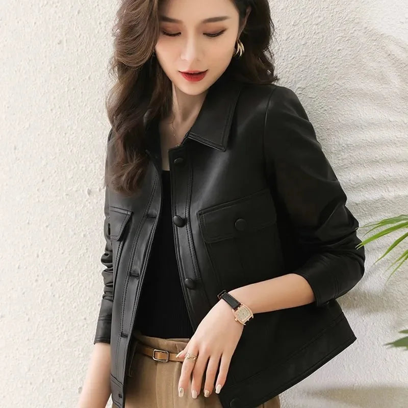 Lapel PU Leather Jacket Women 2026Spring Autumn New Coat Fashion Locomotive Goddess Overcoat High Quality Short Outerwear Female