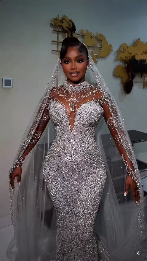 High Neck Sheer Long Sleeve Rhinestone Mermaid Wedding Dress Deep V Illusion African Bridal Gown Vestido De Novia Customized