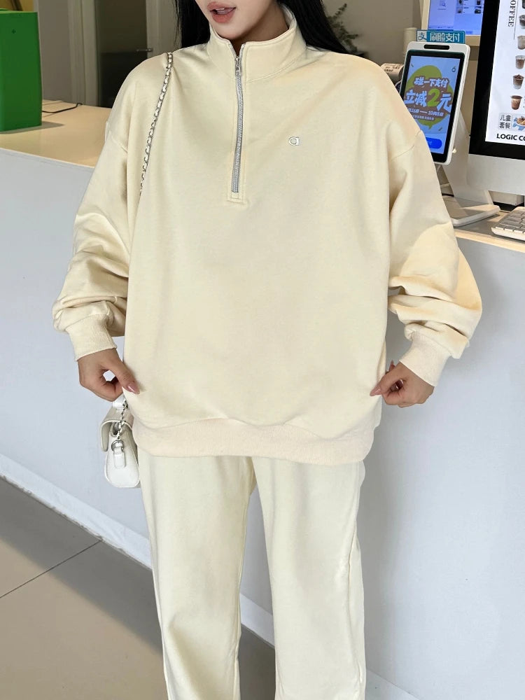 Leisure Solid Color High Waist Trouser Sets 2025 Autumn and Winter Women's Sports Suit Loose Fit Zipper Pullover Two-piece Set