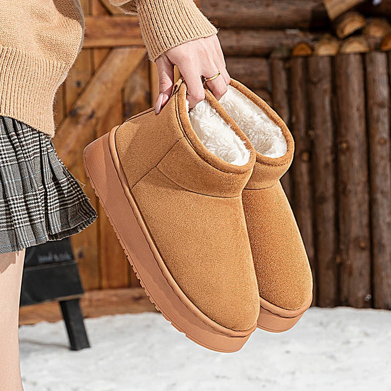 Faux Suede Thick Bottom Snow Boots Women 2025 Trend Warm Thicken Plush Cotton Shoes Woman Slip On Non Slip Winter Ankle Boots