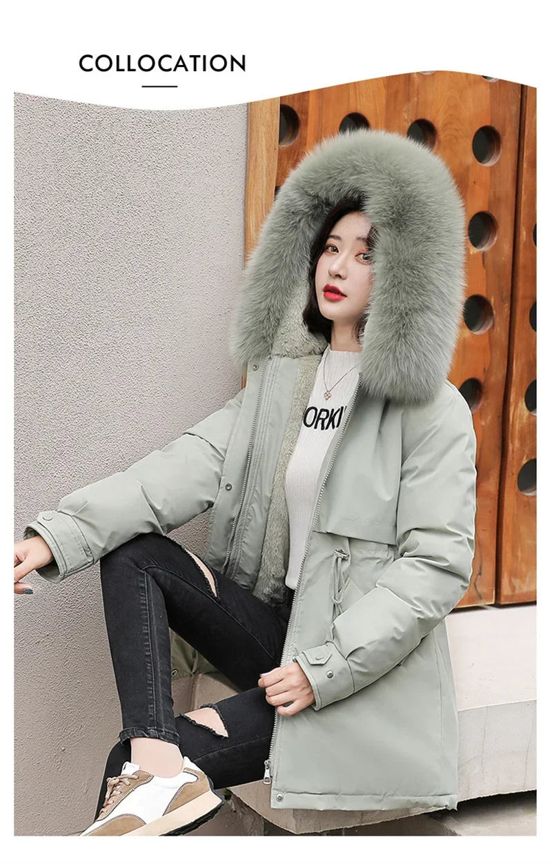 Winter Coat Low Price On Sale Women Beige Add Wool Thick Warmth Fur Hooded Parkas Jacket 2026 New Fashion Belt Slim Cotton Coat