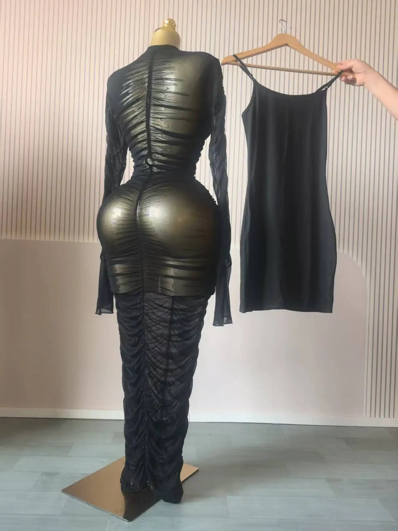 CM.YAYA Women Flare Long Sleeve Stacked Ruched Mesh See Though with Tank Dress Maxi Long Dress 2025 Birthday Sexy Party Dresses