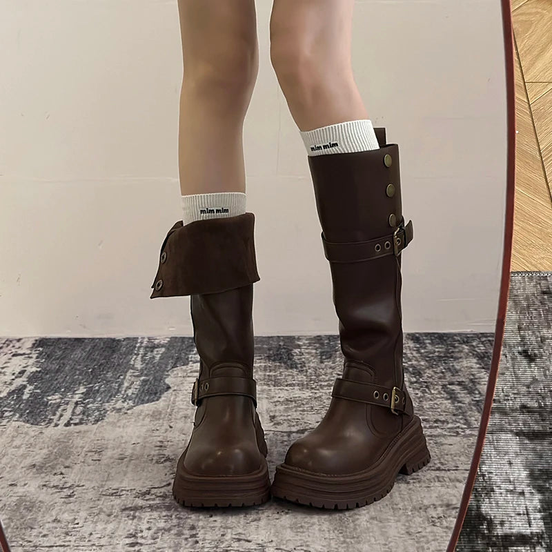 Winter Vintage Platform Thick Sole Woman Knight High Boots Concise Belt Buckle Front zipper Shoes Ladies Slim Modern Long Botas