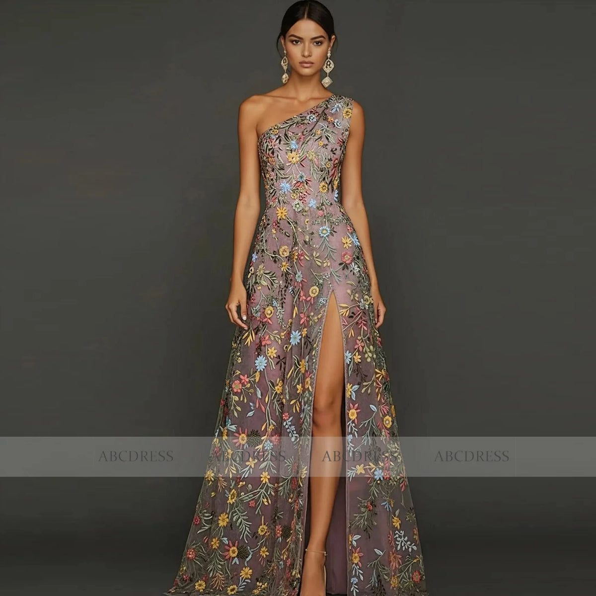 Customized Floral Embroidery Tulle Prom Dress One‑Shoulder Long Formal Evening Gown Backless Wedding Guest Dresses Plus Size