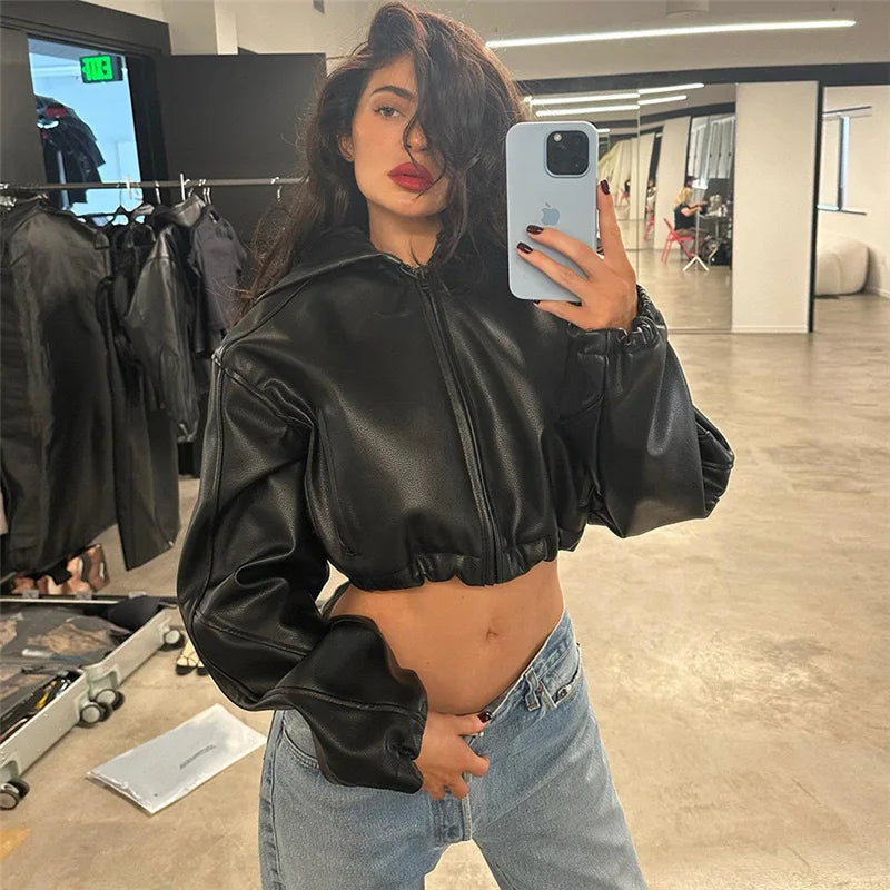 Short Coat Women Leather Jackets Zipper Full Sleeve Solid Streetwear Jacket Turn Down Collar Spliced Casual Coats Autumn 2026