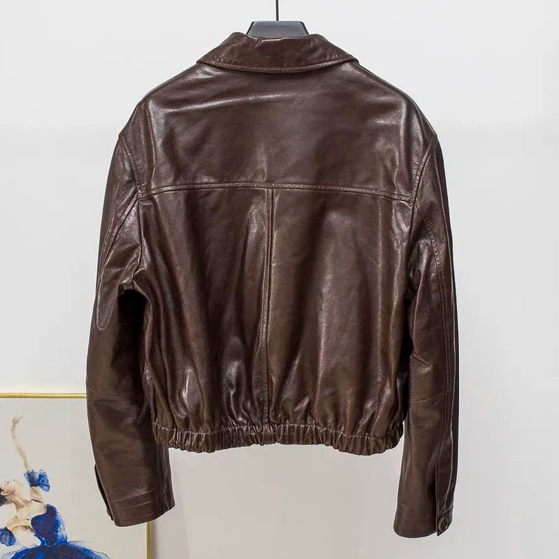 Advanced Oil Wax Leather Jacket for Women Autumn Winter Female 100% Lambskin Square Neck Elastic Waist  Loose Coat Vestes Femmes