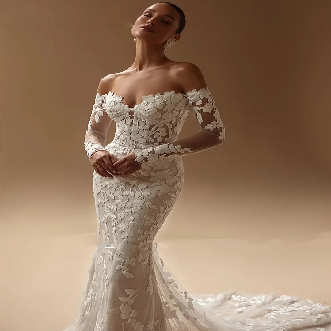 Customized Luxury Mermaid Wedding Dress Lace Appliques Sweetheart Full Sleeve Sweep Bride Robe Vestido De Novia