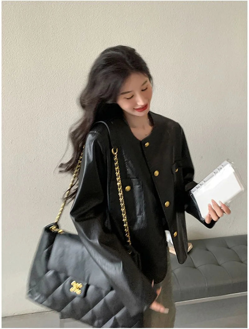 Small Fragrance Leather Jacket Women's Spring Autumn 2026New PU Leather Coat Lady Short High Sense Outerwear Popular Female Tops