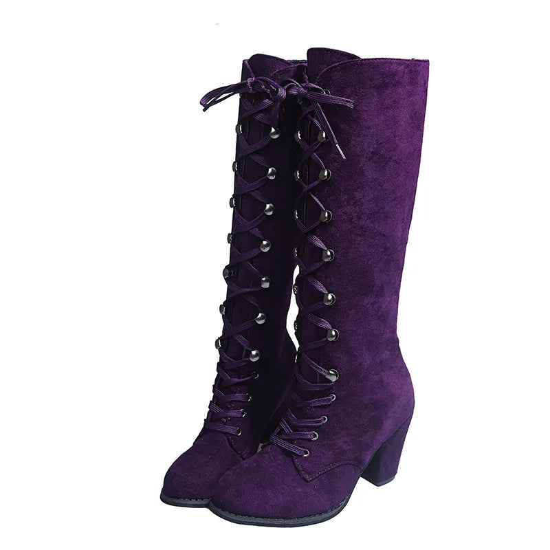 Winter Women Boots Shoes Fashion Vintage Lace-up Boots Women Round Cowboy High Heels Booties Shoes Woman Botas Mujer