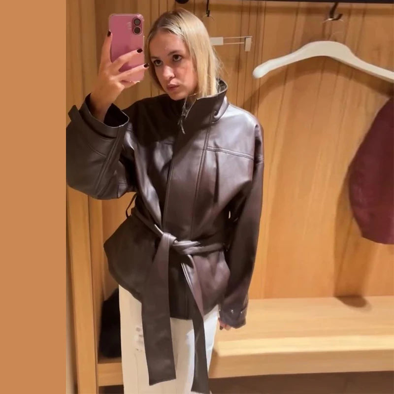 Faux Leather Jacket Stand Collar Winderbreaker Woman Waist Tie Belt Coat Long Sleeve Loose PU Leather Coat Street Wear Clothes