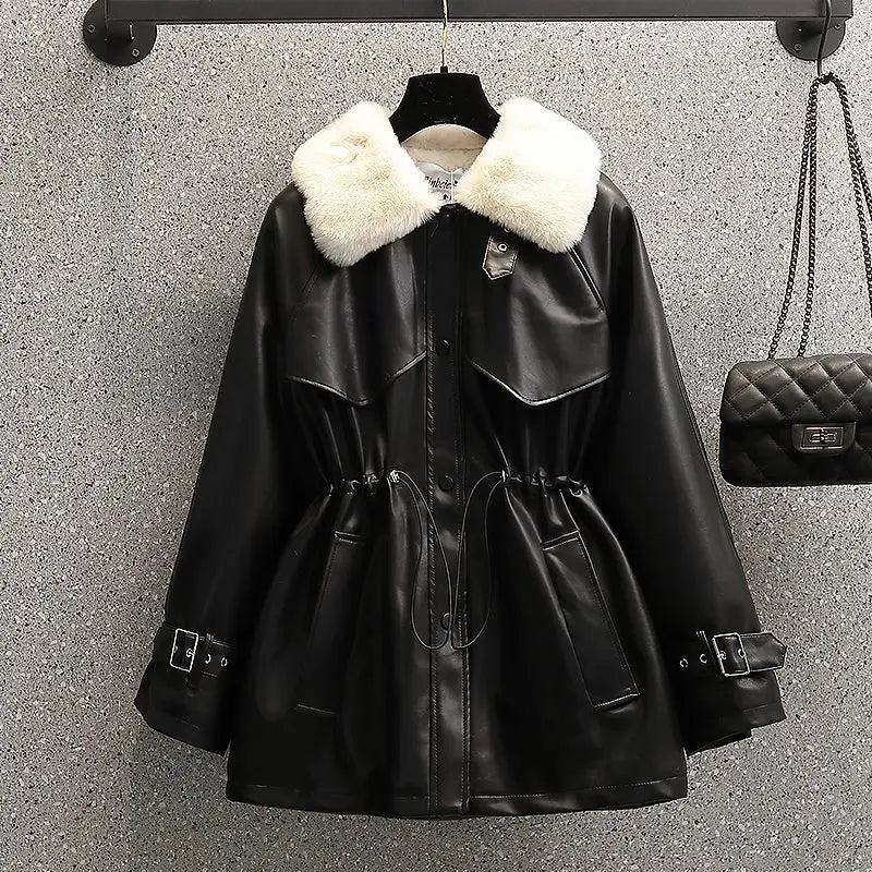2026 Winter Age Reduction with Thick Velvet Loose Stand up Collar Motorcycle Wear PU Leather Jacket Long Sleeve Coat for Women