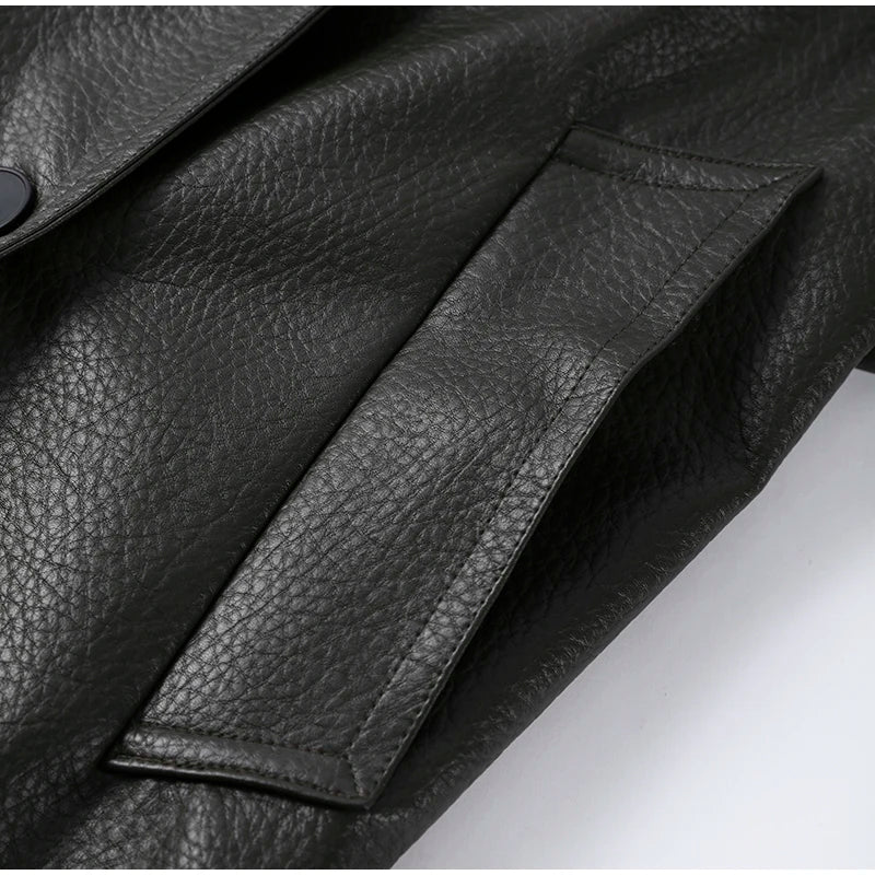 Double Breasted Lace up Long Leather Coat Woman Long Sleeves Loose Solid Color Casual Jackets Street Women's Early Autumn Coats