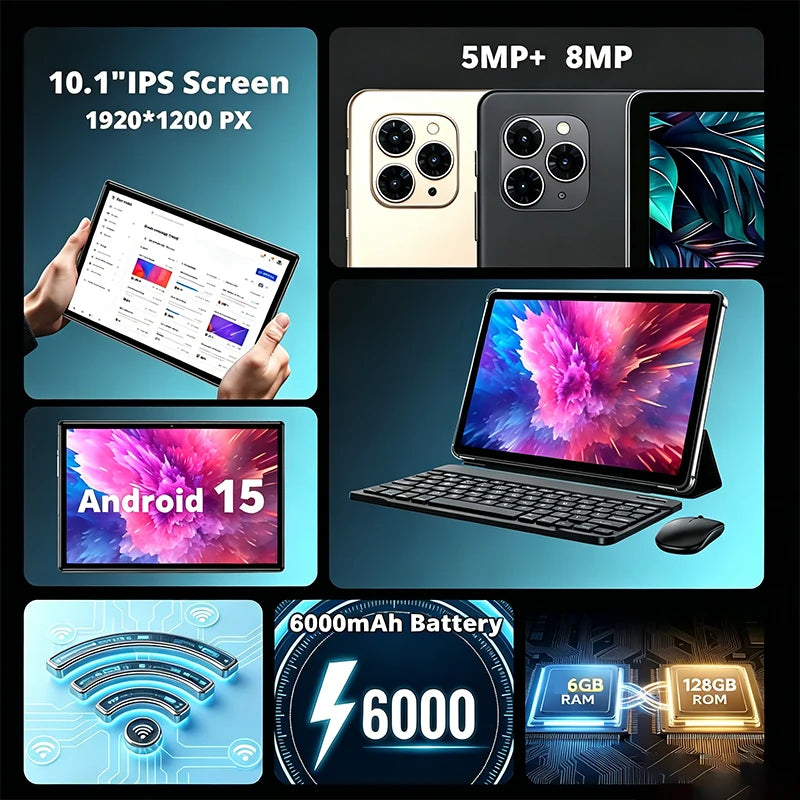 2026 Model Tablet | Brand New Android 15 | 10.1'' Display | 6GB  RAM+128GB ROM | 5+8MP Dual Cameras | 6000mAh | Keyboard Bundle