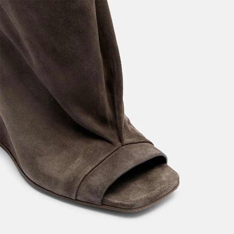 Runway Style Women Peep Toe Tall Boots Sculptural Wedge Heel Draped Pleated Upper Trendy Evening Statement Fashion Footwear
