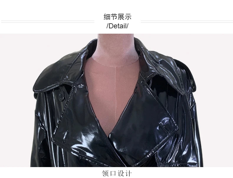 Nerazzurri Spring Autumn Oversized Thin Shiny Reflective Patent Leather Trench Coat for Women Double Breasted European Fashion