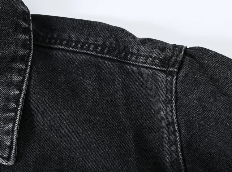 2026 Women's Blue Shorts Denim Jacket, Fashion Casual Coat Black Lapel Single-breasted Long-sleeved Female Overcoat S-XXXL
