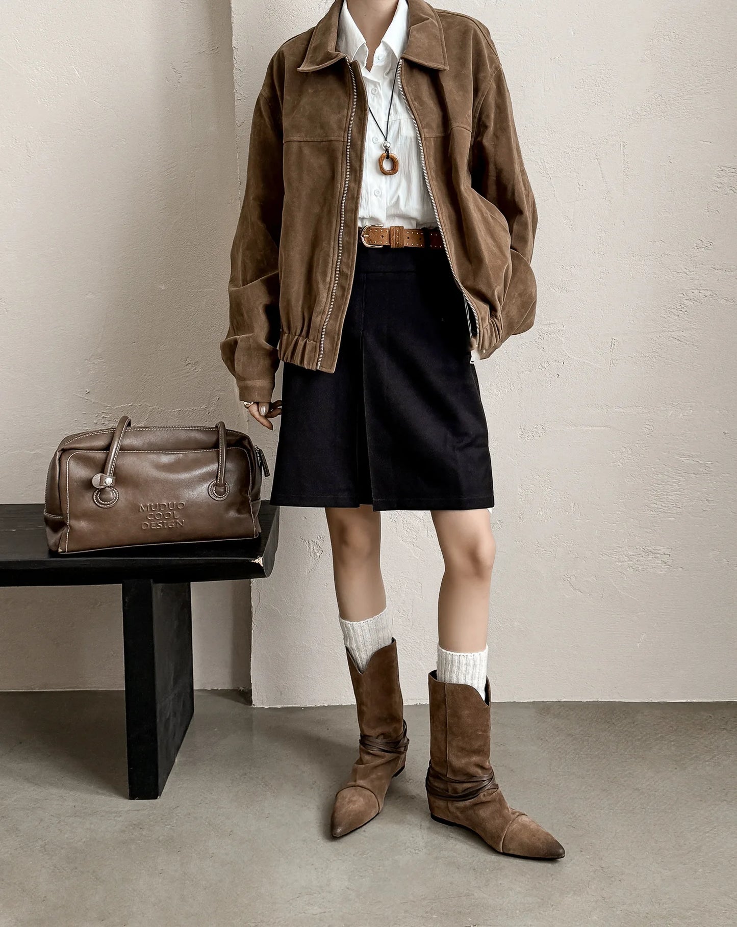 Arden Furtado Autumn Cow Suede Increased Internal Western Boots Pointed Toe Pleated Slip-On Middle Ankle Strap Short Boots